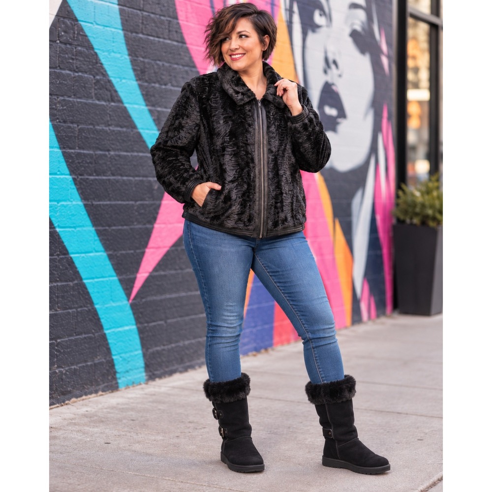 Alfred Dunner Petite 18P Black Faux Fur Jacket Sculpted Plush Retro Glam